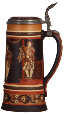 Mettlach stein, 1.0L, 2255, etched, inlaid lid, mint. - 2