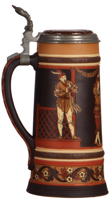 Mettlach stein, 1.0L, 2255, etched, inlaid lid, mint. - 3
