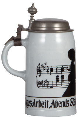 Mettlach stein, .5L, 1367 [1909], PUG, silhouette, pewter lid, excellent pewter repair, otherwise mint. - 3