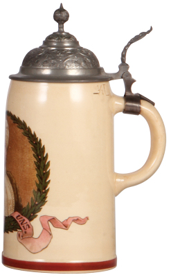 Mettlach stein, .5L, 1351 [1909], PUG, Kaiserin, pewter lid, excellent pewter strap repair, otherwise mint. - 2