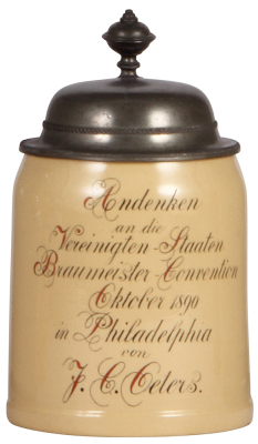 Mettlach stein, .5L, 1526, PUG, Andenken an die Vereinigten Staaten Braumeister Convention Oktober 1890, in Philadelphia von J.C. Peters, pewter lid, mint.