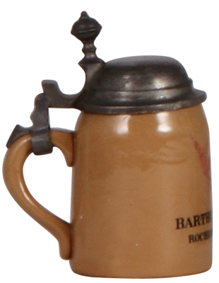 Mettlach stein, 3.3" ht., 2303, PUG, Bartholomay's Rochester Beer, pewter lid, mint. - 3