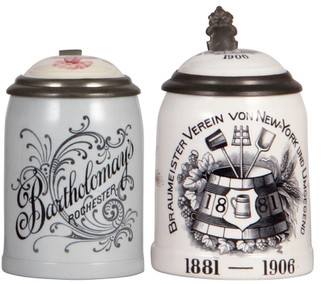 Two Mettlach steins, .4L, 1909, PUG, Bartholomay's Rochester [Beer], inlaid lid, mint; with, .5L, 1526, PUG, Braumeister Verein von New York und Umgegend, 1881 -1906, inlaid lid, mint.
