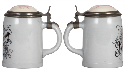 Two Mettlach steins, .4L, 1909, PUG, Bartholomay's Rochester [Beer], inlaid lid, mint; with, .5L, 1526, PUG, Braumeister Verein von New York und Umgegend, 1881 -1906, inlaid lid, mint. - 2