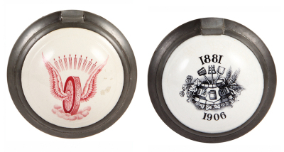 Two Mettlach steins, .4L, 1909, PUG, Bartholomay's Rochester [Beer], inlaid lid, mint; with, .5L, 1526, PUG, Braumeister Verein von New York und Umgegend, 1881 -1906, inlaid lid, mint. - 4