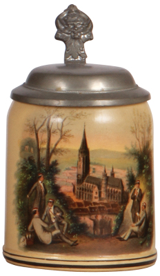 Mettlach stein, .5L, 1526, transfer & hand-painted, university students on a hill overlooking a church, pewter lid, mint.