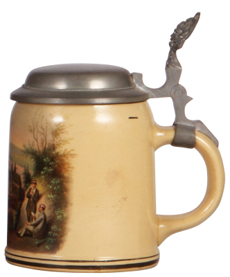 Mettlach stein, .5L, 1526, transfer & hand-painted, university students on a hill overlooking a church, pewter lid, mint. - 2