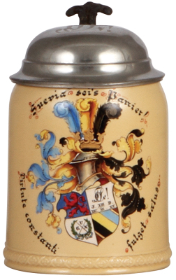 Mettlach stein, .4L, 223, transfer & hand-painted, student association, Suevia sei’s Panier!, 1892, pewter lid, minor lid dents, body mint.