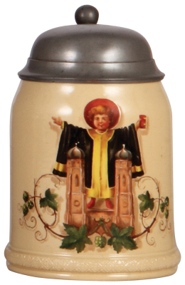 Mettlach stein, .5L, 284, transfer & hand-painted, Munich Child, pewter lid has a minor dent.