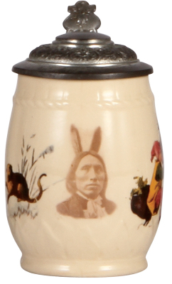 Mettlach stein, .3L, 1032 [2333], PUG, in addition to the normal gnome decoration there is an additional decoration of an American Indian, pewter lid, very rare, mint.