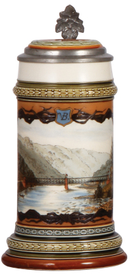 Mettlach stein, .5L, 1723, etched, inlaid lid, 1886 banner in rear, VB shield in front, very rare, mint.