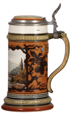 Mettlach stein, .5L, 1723, etched, inlaid lid, 1886 banner in rear, VB shield in front, very rare, mint. - 2