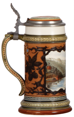 Mettlach stein, .5L, 1723, etched, inlaid lid, 1886 banner in rear, VB shield in front, very rare, mint. - 3
