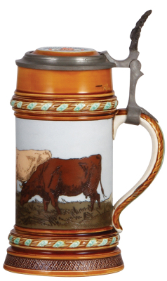 Mettlach stein, .5L, 1472, etched, inlaid lid, rare, mint. - 2