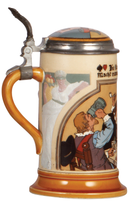 Mettlach stein, .5L, 3329, etched & decorated relief, lady luck & the devil in the rear scenes, inlaid lid, rare, mint. - 3