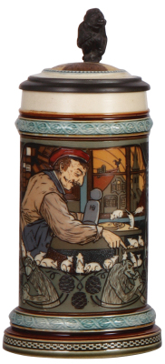 Mettlach stein, .5L, 2662, etched, inlaid lid, drunk student playing with mice, interior of the inlay has glaze browning, otherwise mint.