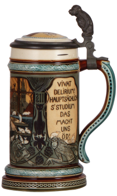 Mettlach stein, .5L, 2662, etched, inlaid lid, drunk student playing with mice, interior of the inlay has glaze browning, otherwise mint. - 2