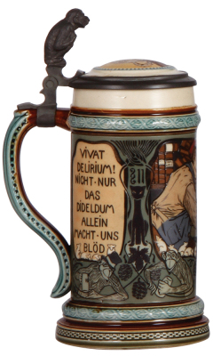 Mettlach stein, .5L, 2662, etched, inlaid lid, drunk student playing with mice, interior of the inlay has glaze browning, otherwise mint. - 3