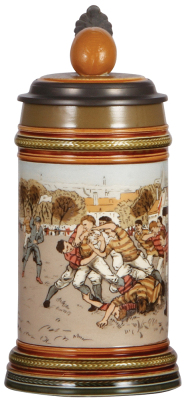 Mettlach stein, .5L, 2324, etched, inlaid lid with figural rugby ball, mint.