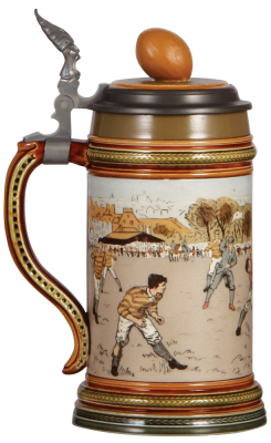 Mettlach stein, .5L, 2324, etched, inlaid lid with figural rugby ball, mint. - 3