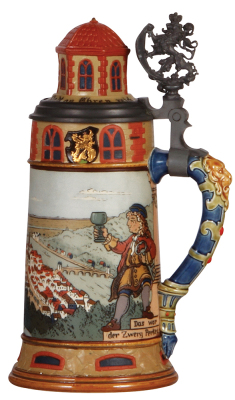 Mettlach stein, .5L, 2894, etched, Heidelberg, inlaid lid, mint, rarely found in mint condition. - 2
