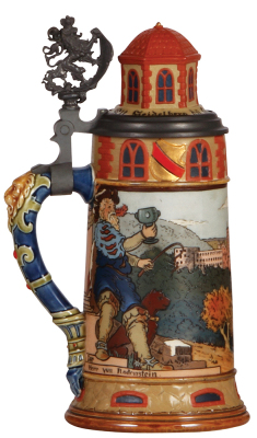 Mettlach stein, .5L, 2894, etched, Heidelberg, inlaid lid, mint, rarely found in mint condition. - 3
