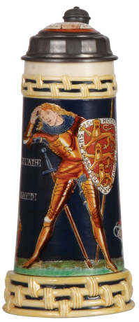 Mettlach stein, .5L, 2718, etched, David & Goliath stein, inlaid lid, mint.