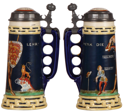 Mettlach stein, .5L, 2718, etched, David & Goliath stein, inlaid lid, mint. - 2