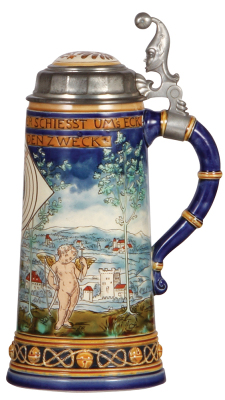 Mettlach stein, .5L, 2717, etched, Venus Target stein, inlaid lid, mint. - 2