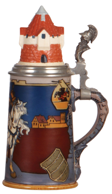 Mettlach stein, .5L, 2765, etched, by H. Schlitt, inlaid lid, interior bottom is brown, otherwise mint.  - 2