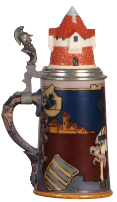 Mettlach stein, .5L, 2765, etched, by H. Schlitt, inlaid lid, interior bottom is brown, otherwise mint.  - 3