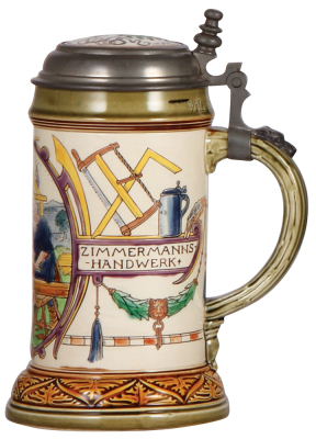 Mettlach stein, .5L, 2723, etched & glazed, Carpenter Occupation, inlaid lid, mint. - 2