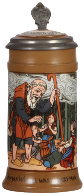 Mettlach stein, .5L, 2809, etched, by F. Quidenus, Rip van Winkle was a Lucky Man, inlaid lid, mint.