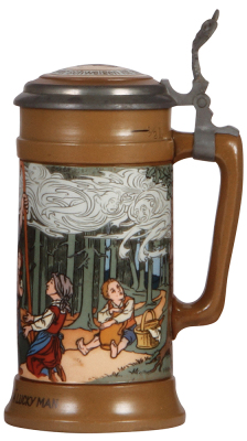 Mettlach stein, .5L, 2809, etched, by F. Quidenus, Rip van Winkle was a Lucky Man, inlaid lid, mint. - 2