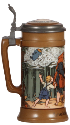 Mettlach stein, .5L, 2809, etched, by F. Quidenus, Rip van Winkle was a Lucky Man, inlaid lid, mint. - 3