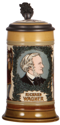 Mettlach stein, .5L, 2798, etched, Richard Wagner, inlaid lid, small factory flaw on lower edge.