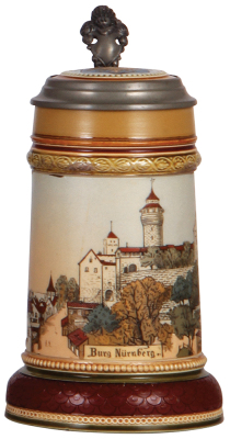 Mettlach stein, .5L, 2277, etched, Burg Nürnberg, inlaid lid, mint.