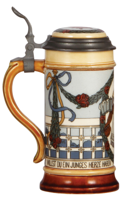 Mettlach stein, .5L, 2939, etched, by F. Quidenus, inlaid lid, mint.  - 3