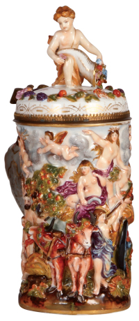 Porcelain stein, 1.0L, 11.5" ht., hand-painted & relief, marked N with crown, Capo-di-Monte, porcelain inlaid lid, factory firing line, otherwise mint.