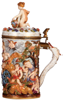 Porcelain stein, 1.0L, 11.5" ht., hand-painted & relief, marked N with crown, Capo-di-Monte, porcelain inlaid lid, factory firing line, otherwise mint. - 2