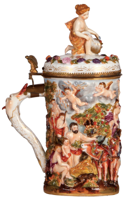 Porcelain stein, 1.0L, 11.5" ht., hand-painted & relief, marked N with crown, Capo-di-Monte, porcelain inlaid lid, factory firing line, otherwise mint. - 3