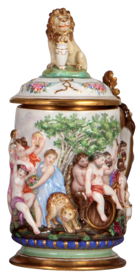 Porcelain stein, .5L, 9.2" ht., hand-painted & relief, marked N with crown, Capo-di-Monte, interior gilded, porcelain lid, mint.