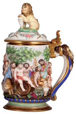 Porcelain stein, .5L, 9.2" ht., hand-painted & relief, marked N with crown, Capo-di-Monte, interior gilded, porcelain lid, mint. - 2