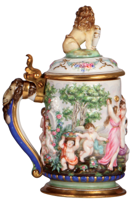 Porcelain stein, .5L, 9.2" ht., hand-painted & relief, marked N with crown, Capo-di-Monte, interior gilded, porcelain lid, mint. - 3