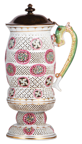 Porcelain stein, 11.9" ht., hand-painted, reticulated, late 1800s, marked Herend, #1872 & factory mark, brass lid with silver-plating wear, otherwise mint.