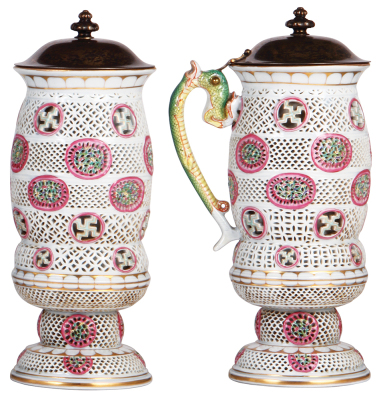 Porcelain stein, 11.9" ht., hand-painted, reticulated, late 1800s, marked Herend, #1872 & factory mark, brass lid with silver-plating wear, otherwise mint. - 2