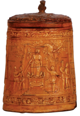 Wood stein, .5L, 5.9'' ht., mid 1800s, wood cylinder with impressed birch wood veneer, scene of Germania with people and verse, wood lid constructed in same fashion, pitch interior, very unusual design and workmanship, good condition with signs of age.