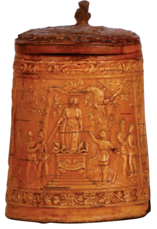 Wood stein, .5L, 5.9'' ht., mid 1800s, wood cylinder with impressed birch wood veneer, scene of Germania with people and verse, wood lid constructed in same fashion, pitch interior, very unusual design and workmanship, good condition with signs of age.