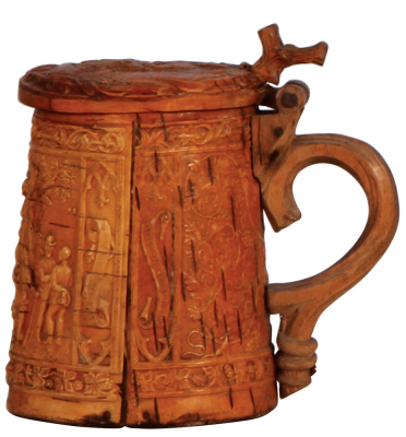 Wood stein, .5L, 5.9'' ht., mid 1800s, wood cylinder with impressed birch wood veneer, scene of Germania with people and verse, wood lid constructed in same fashion, pitch interior, very unusual design and workmanship, good condition with signs of age. - 2