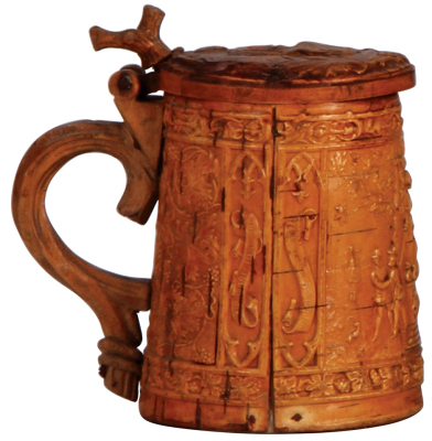 Wood stein, .5L, 5.9'' ht., mid 1800s, wood cylinder with impressed birch wood veneer, scene of Germania with people and verse, wood lid constructed in same fashion, pitch interior, very unusual design and workmanship, good condition with signs of age. - 3